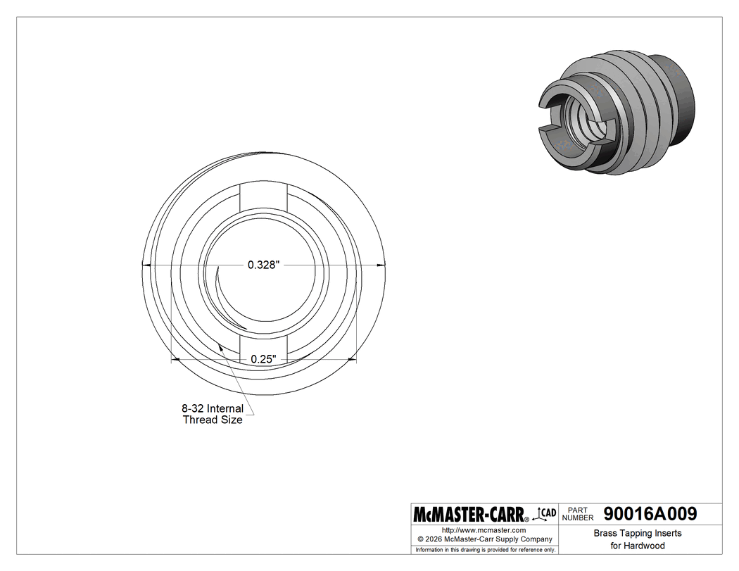 Technical Drawing of Brass Tapping Inserts for Hardwood, 8-32 Thread Size.
